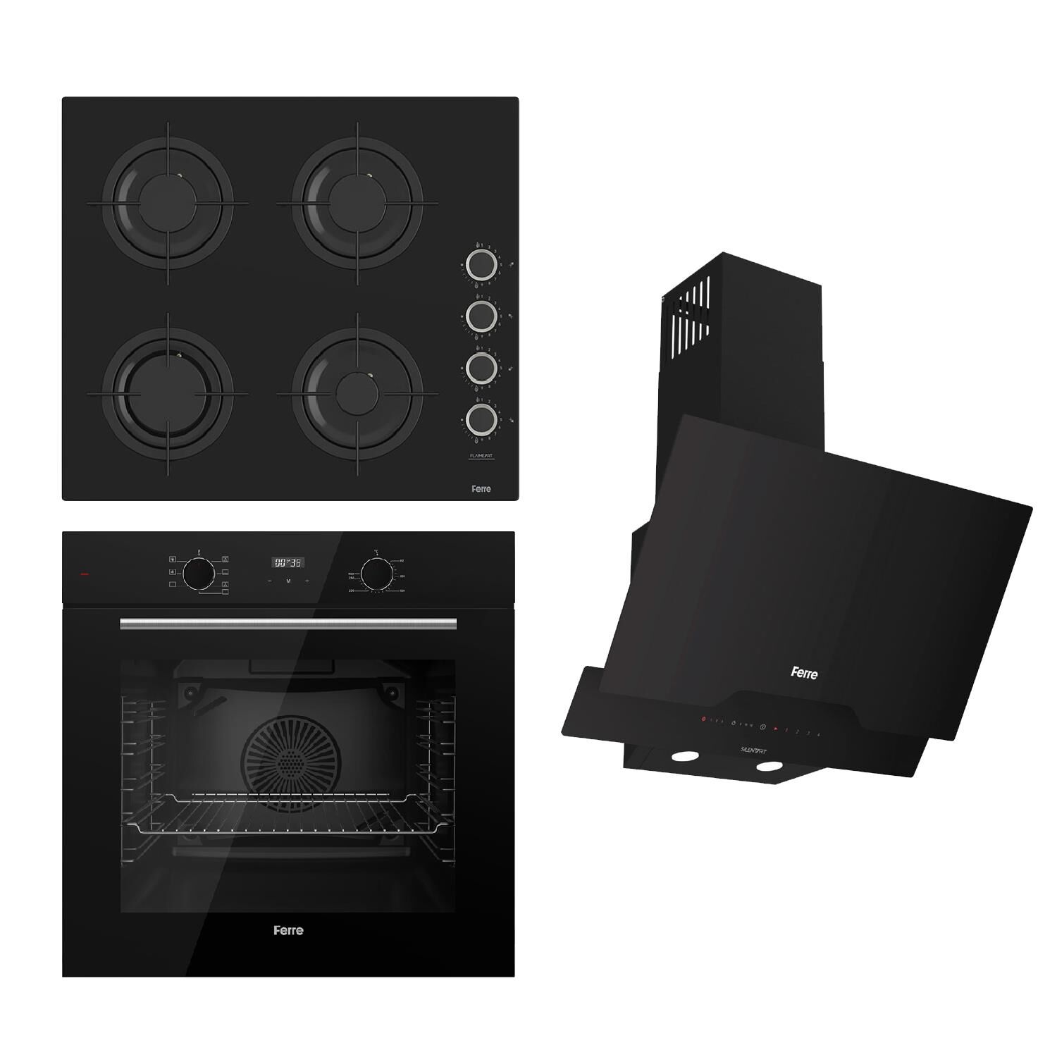 Ferre FLOWART-SILENTART-FLAMEART Serisi Siyah Set (CS205-FA + QBL63CS +D063-SA ) - Emaye Izgara / Kademeli Musluk