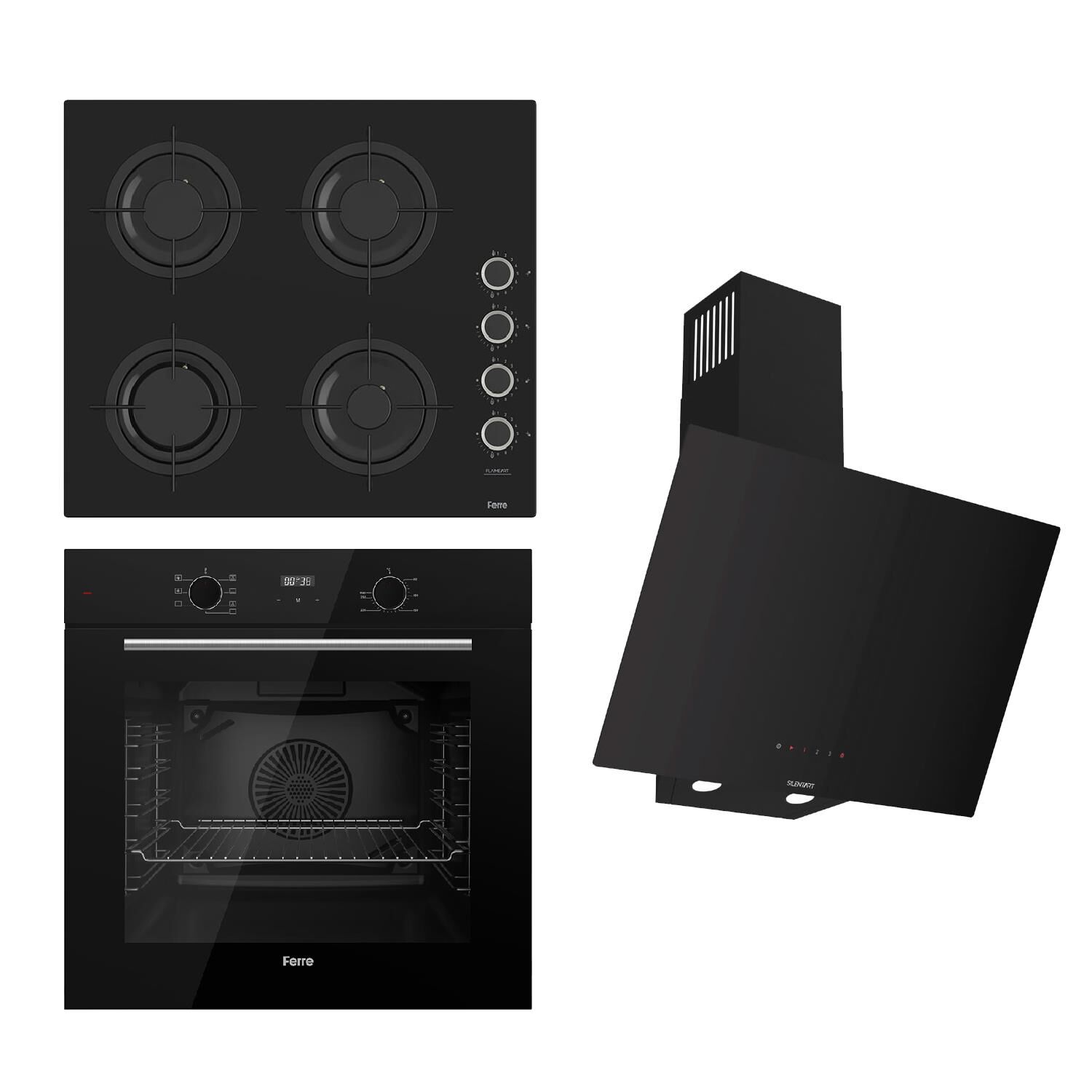 Ferre FLOWART-SILENTART-FLAMEART Serisi Siyah Set (CS205-FA + QBL63CS +D077-SA ) - Emaye Izgara / Kademeli Musluk