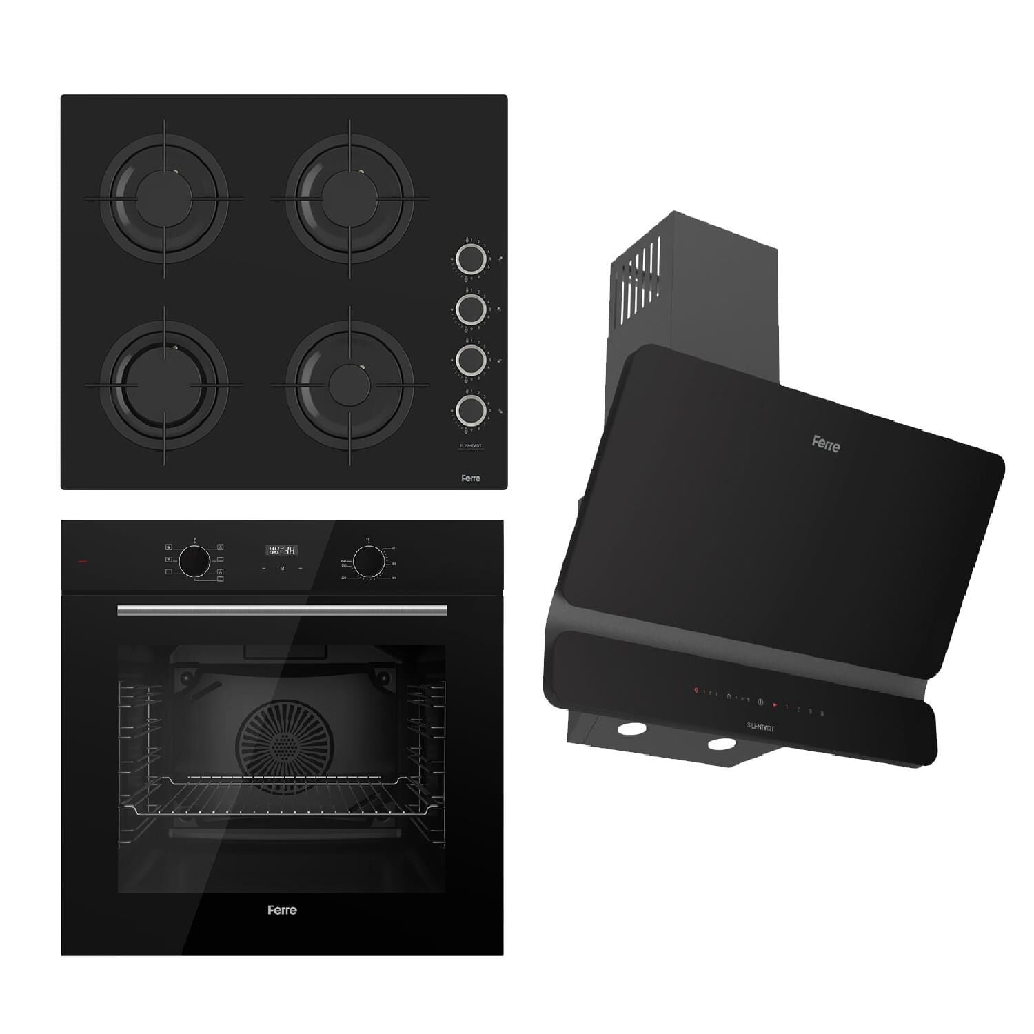 Ferre FLOWART-FLAMEART-SILENTART Serisi Siyah Set (CS205-WFA + QBL63CS +D080-SA ) - Emaye Izgara / Kademeli Musluk