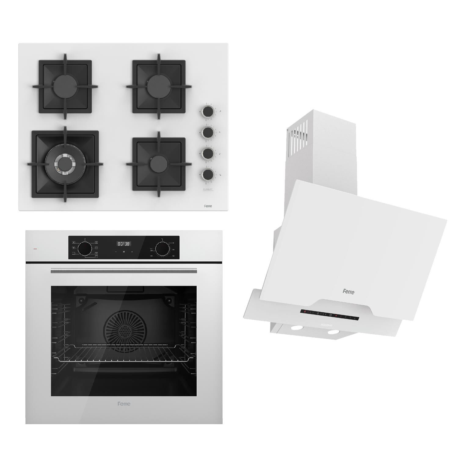 Ferre FLOWART-SILENTART Serisi Beyaz Set (SC406-WFA + QBL63CB +D064-SA ) - Döküm Izgara / 65 cm Ocak