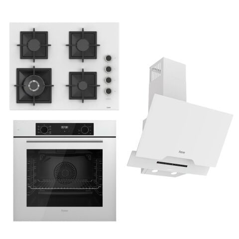 Ferre FLOWART-SILENTART Serisi Beyaz Set (SC406-WFA + QBL63CB +D064-SA ) - Döküm Izgara / 65 cm Ocak