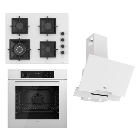 Ferre FLOWART-SILENTART Serisi Beyaz Set (SC406-WFA + QBL63CB +D064-SA ) - Döküm Izgara / 65 cm Ocak