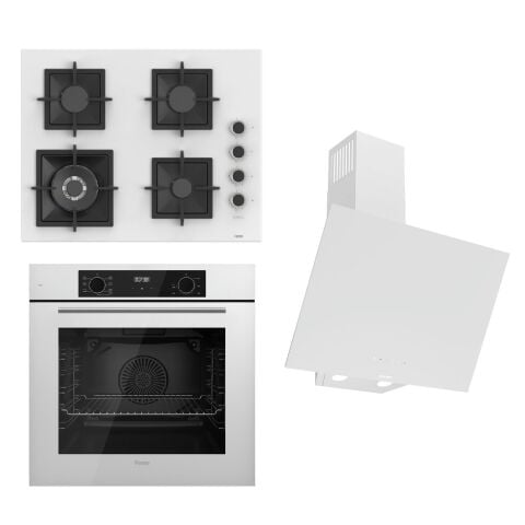 Ferre FLOWART-SILENTART Serisi Beyaz Set (SC406-WFA + QBL63CB +D078-SA ) - Döküm Izgara / 65 cm Ocak