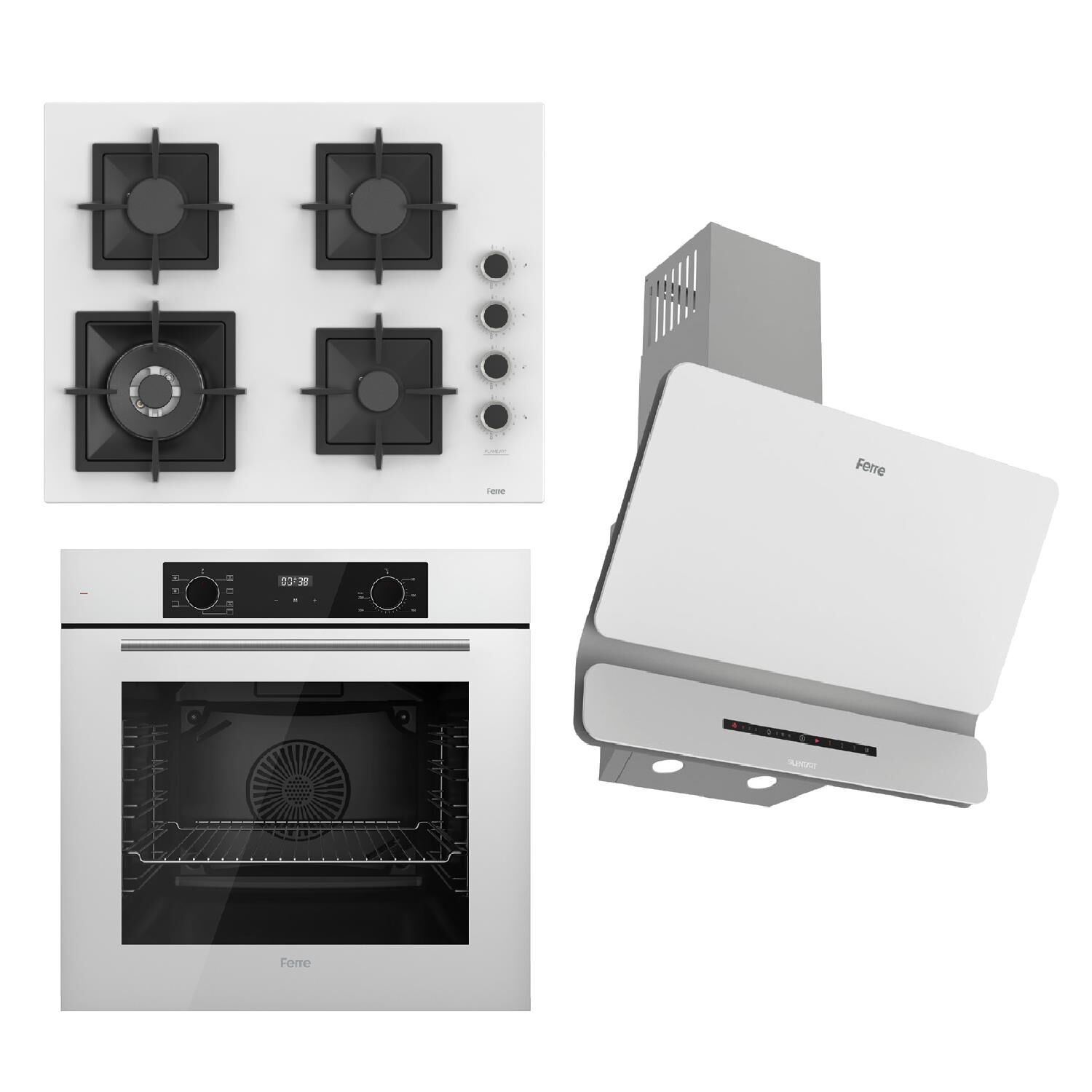 Ferre FLOWART-SILENTART Serisi Beyaz Set (SC406-WFA + QBL63CB +D081-SA ) - Döküm Izgara / 65 cm Ocak