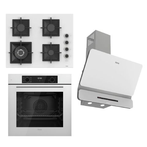 Ferre FLOWART-SILENTART Serisi Beyaz Set (SC406-WFA + QBL63CB +D081-SA ) - Döküm Izgara / 65 cm Ocak