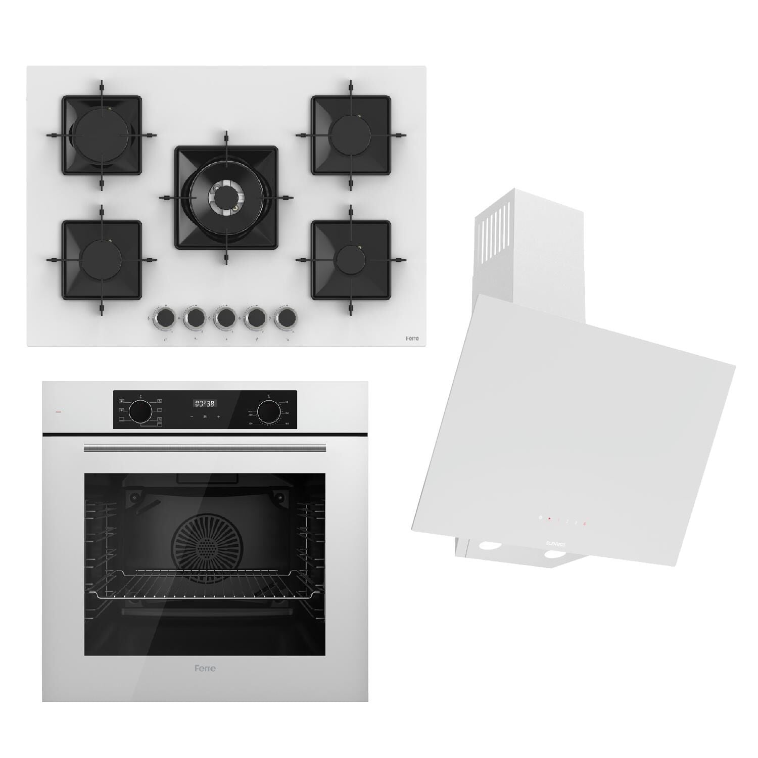 Ferre STEAMART-FRYART-SILENTART Serisi Beyaz Set (SS036 + QBL63CB +D078-SA ) - Emaye Izgara - 75 Cm Ocak