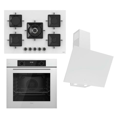 Ferre STEAMART-FRYART-SILENTART Serisi Beyaz Set (SS036 + QBL63CB +D078-SA ) - Emaye Izgara - 75 Cm Ocak