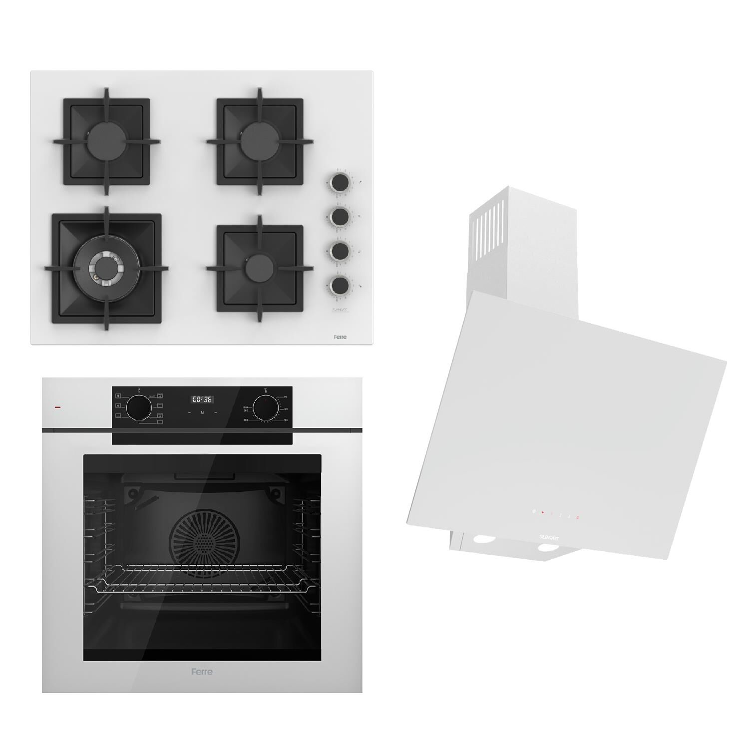 Ferre FRYART-SILENTART Serisi Beyaz Set (SC406-WFA + QEP63CB +D078-SA ) - Döküm Izgara / 65 cm Ocak