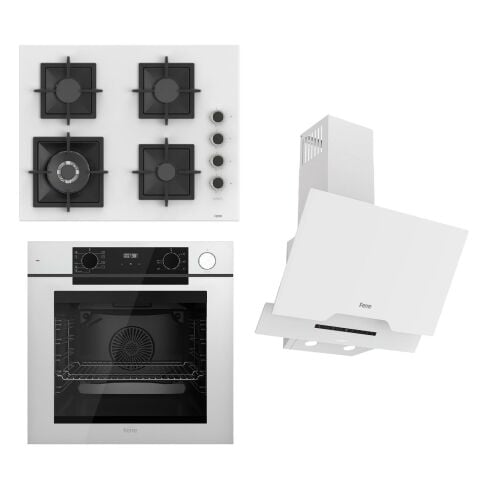 Ferre STEAMART-FRYART-SILENTART Serisi Beyaz Set (SC406-WFA + QEP64CB +D064-SA ) - Döküm Izgara / 65 cm Ocak