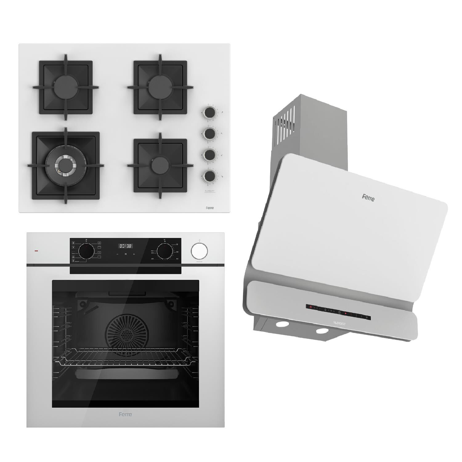 Ferre STEAMART-FRYART-SILENTART Serisi Beyaz Set (SC406-WFA + QEP64CB +D081-SA ) - Döküm Izgara / 65 cm Ocak