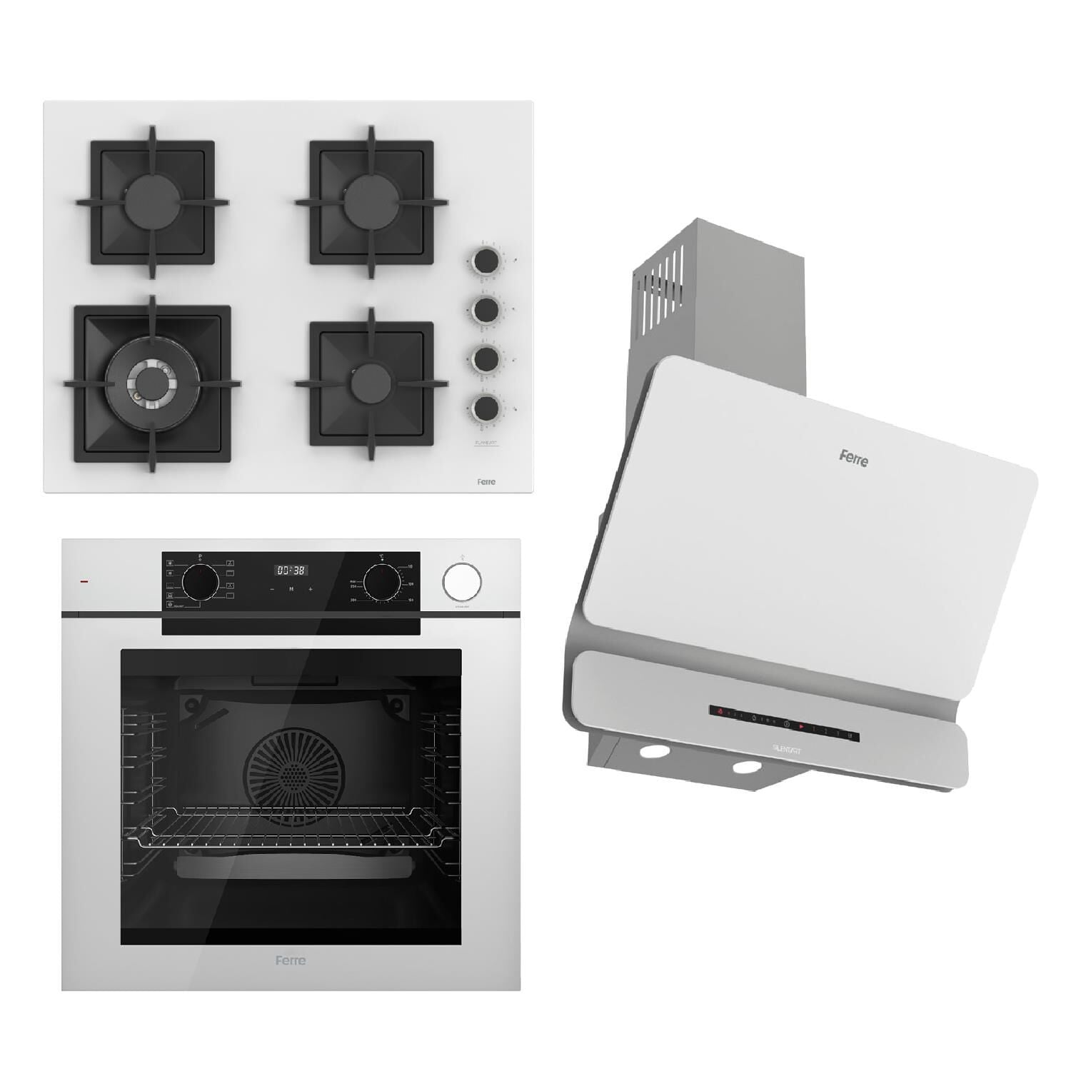Ferre STEAMART-FRYART-SILENTART Serisi Beyaz Set (SC406-WFA + QEP64CB +D081-SA ) - Döküm Izgara / 65 cm Ocak