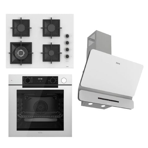 Ferre STEAMART-FRYART-SILENTART Serisi Beyaz Set (SC406-WFA + QEP64CB +D081-SA ) - Döküm Izgara / 65 cm Ocak
