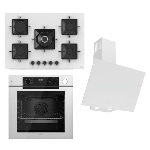 Ferre STEAMART-FRYART-SILENTART Serisi Beyaz Set (SS036 + QEP64CB +D078-SA ) - Emaye Izgara - 75 Cm Ocak