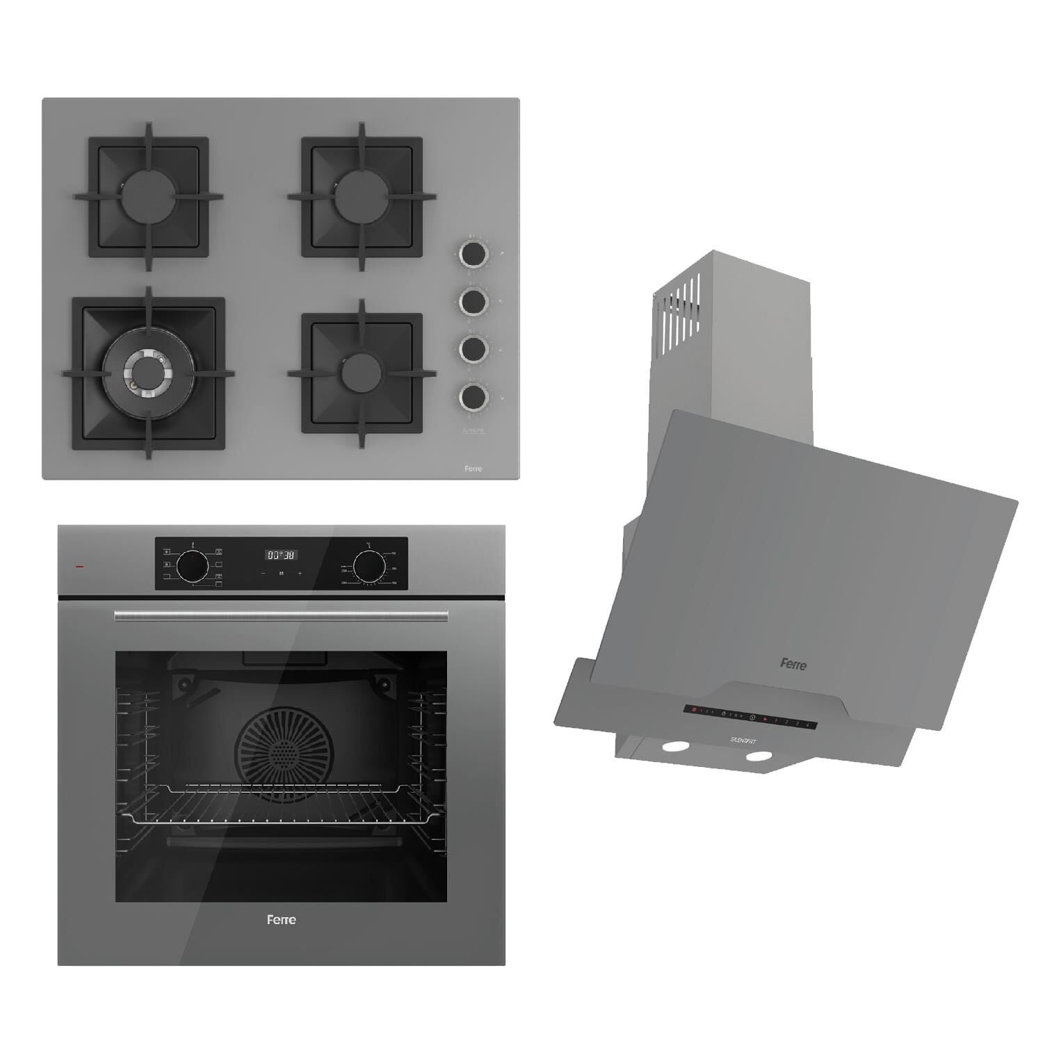 Ferre FLOWART-SILENTART Serisi Gri Set (SC408-WFA + QBL63CPR +D065-SA ) - Döküm Izgara / 65 cm Ocak