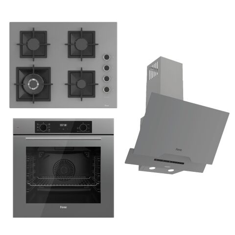 Ferre FLOWART-SILENTART Serisi Gri Set (SC408-WFA + QBL63CPR +D065-SA ) - Döküm Izgara / 65 cm Ocak