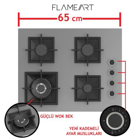 Ferre FLOWART-SILENTART Serisi Gri Set (SC408-WFA + QBL63CPR +D065-SA ) - Döküm Izgara / 65 cm Ocak