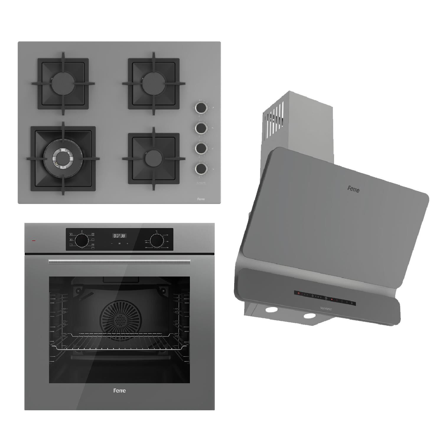 Ferre FLOWART-SILENTART Serisi Gri Set (SC408-WFA + QBL63CPR +D082-SA ) - Döküm Izgara / 65 cm Ocak