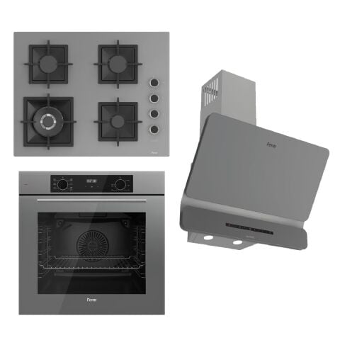 Ferre FLOWART-SILENTART Serisi Gri Set (SC408-WFA + QBL63CPR +D082-SA ) - Döküm Izgara / 65 cm Ocak