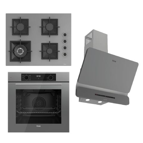 Ferre FLOWART-SILENTART Serisi Gri Set (SC408-WFA + QBL63CPR +D082-SA ) - Döküm Izgara / 65 cm Ocak