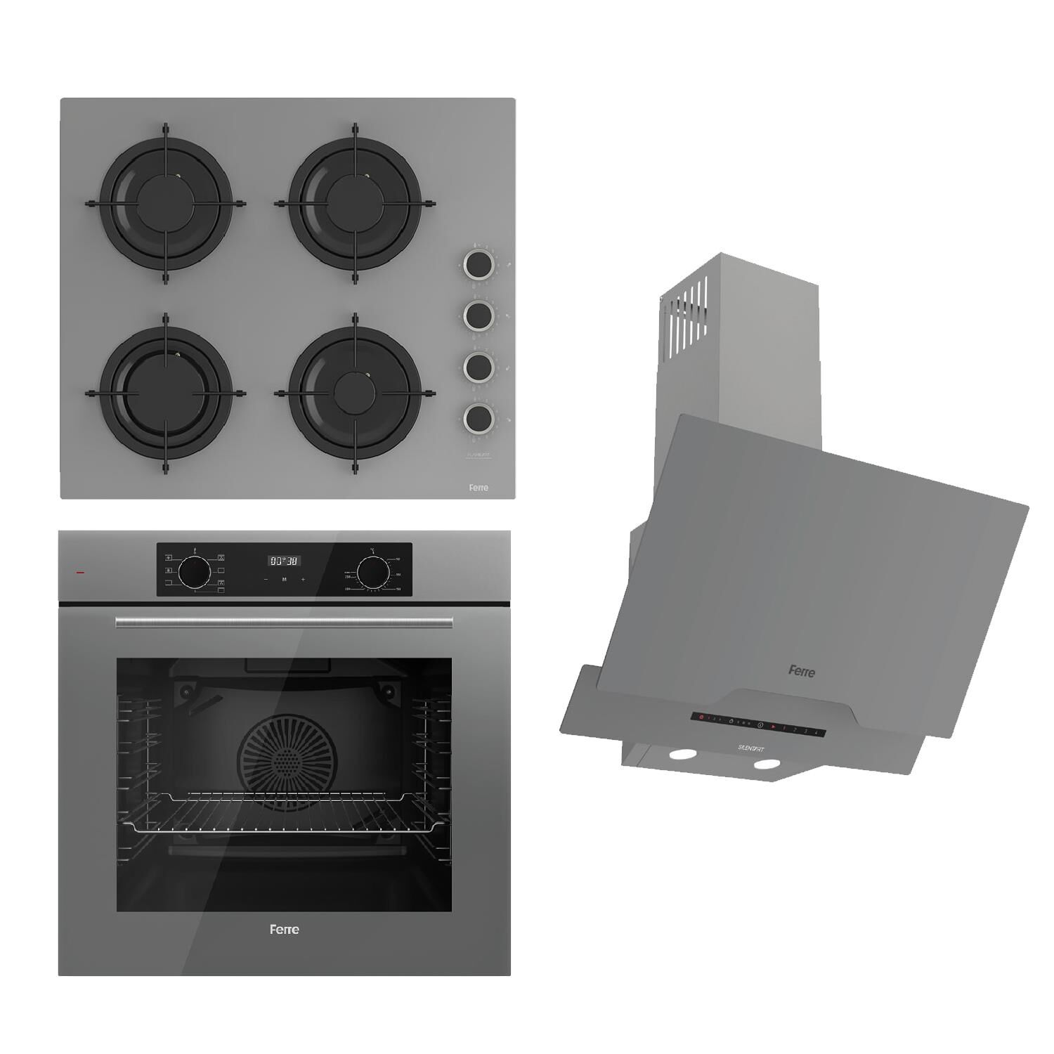 Ferre FLOWART-SILENTART Serisi Gri Set (CS208-FA + QBL63CPR +D065-SA ) - Emaye Izgara / Kademeli Musluk