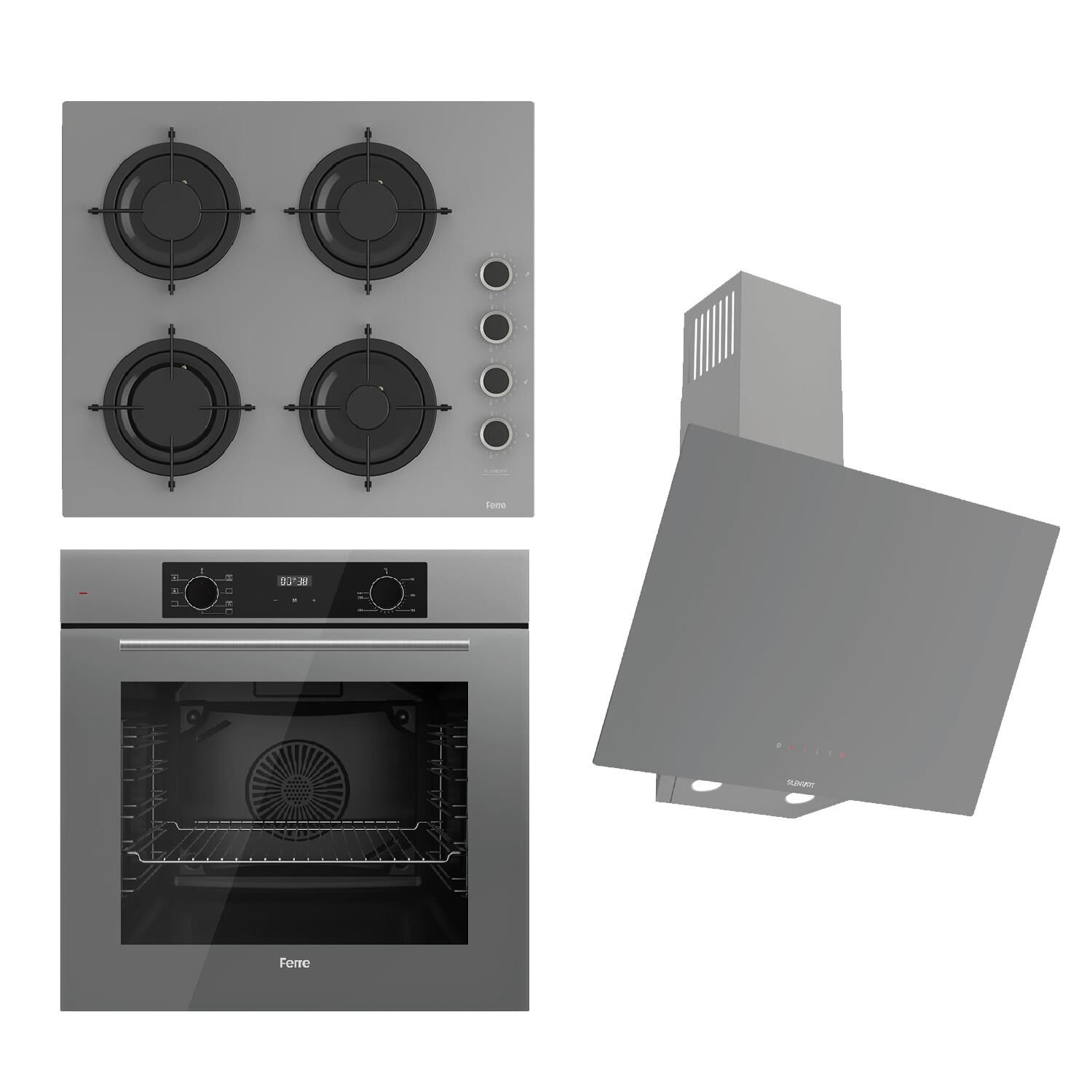 Ferre FLOWART-SILENTART Serisi Gri Set (CS208-FA + QBL63CPR +D079-SA ) - Emaye Izgara / Kademeli Musluk