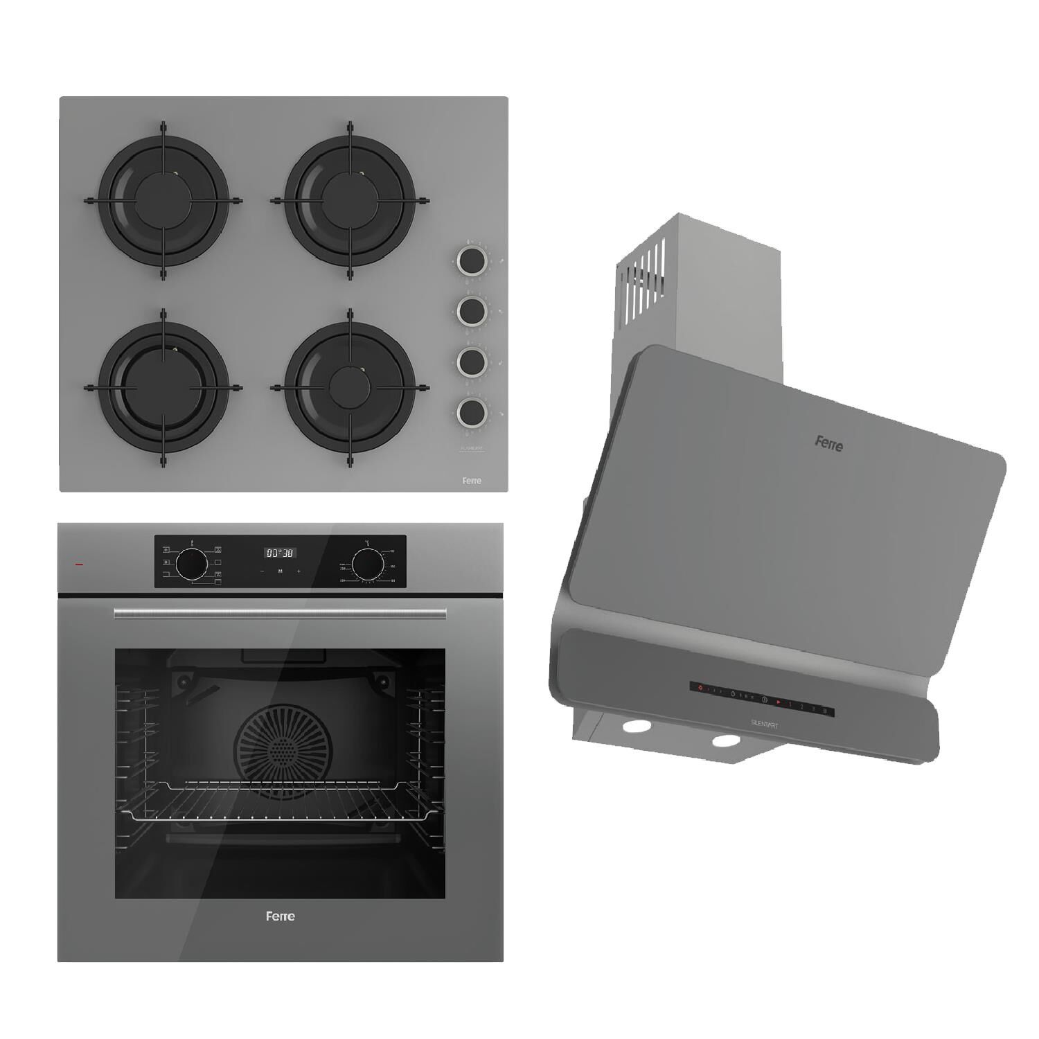 Ferre FLOWART-SILENTART Serisi Gri Set (CS208-FA + QBL63CPR +D082-SA ) - Emaye Izgara / Kademeli Musluk