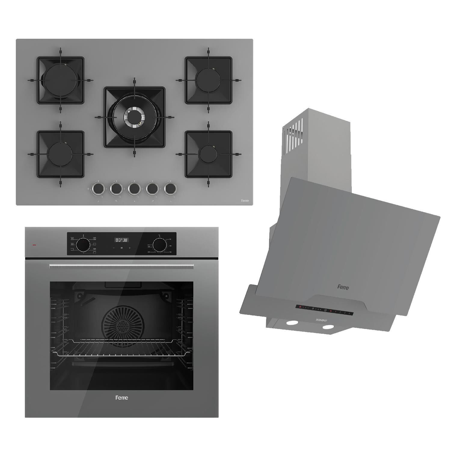 Ferre FLOWART-SILENTART Serisi Gri Set (SS038 + QBL63CPR +D065-SA ) - Emaye Izgara / 75 cm Ocak