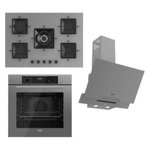 Ferre FLOWART-SILENTART Serisi Gri Set (SS038 + QBL63CPR +D065-SA ) - Emaye Izgara / 75 cm Ocak