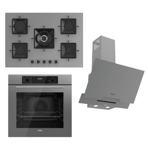 Ferre FLOWART-SILENTART Serisi Gri Set (SS038 + QBL63CPR +D065-SA ) - Emaye Izgara / 75 cm Ocak