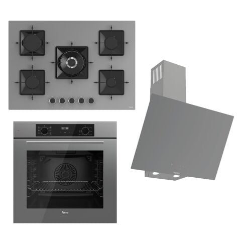 Ferre FLOWART-SILENTART Serisi Gri Set (SS038 + QBL63CPR +D079-SA ) - Emaye Izgara / 75 cm Ocak
