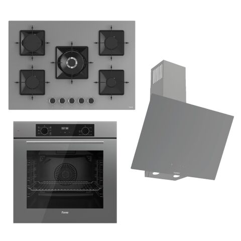 Ferre FLOWART-SILENTART Serisi Gri Set (SS038 + QBL63CPR +D079-SA ) - Emaye Izgara / 75 cm Ocak