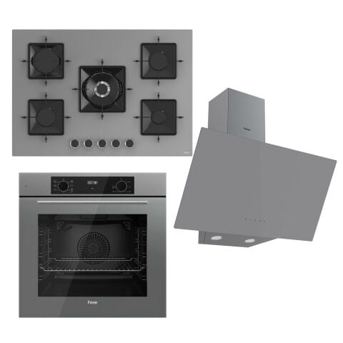 Ferre FLOWART Serisi Gri Set (SS038 + QBL63CPR +D079 ) - Emaye Izgara / 75 cm Ocak
