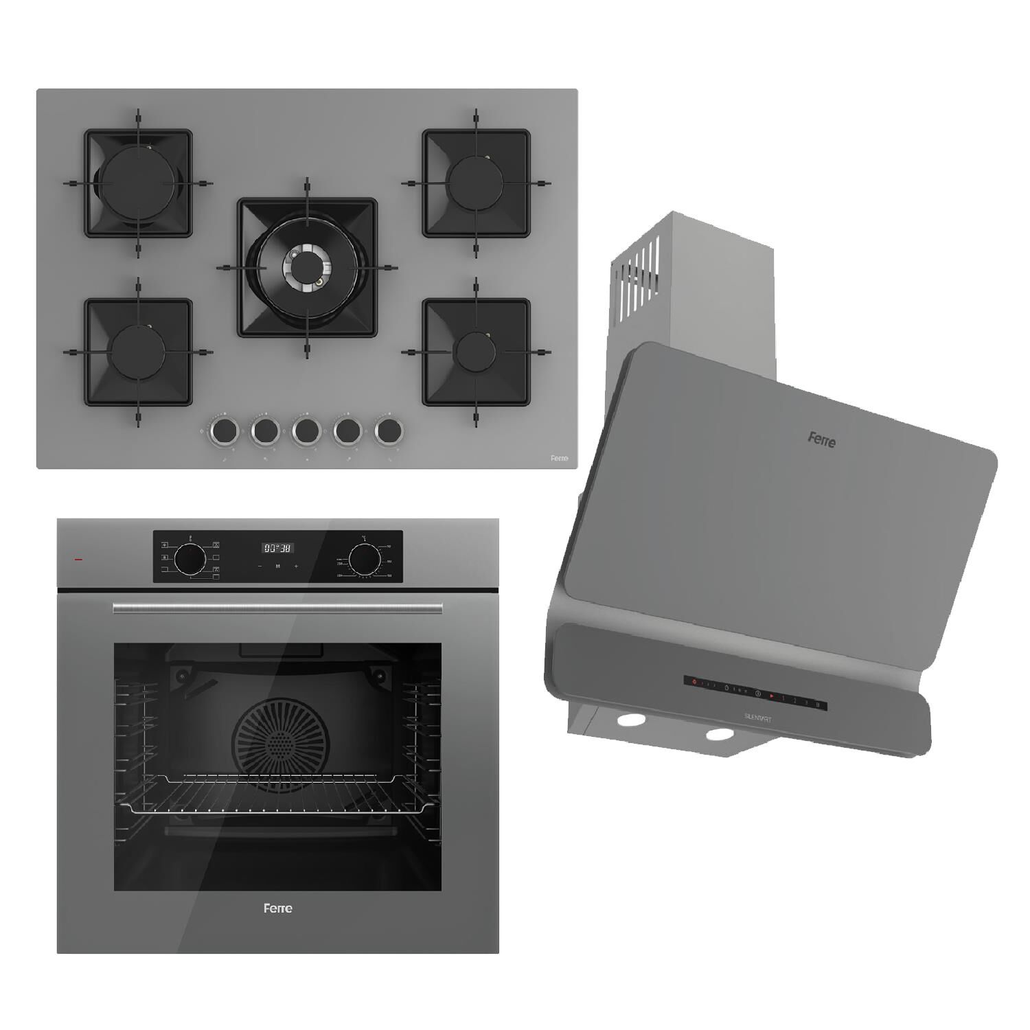 Ferre FLOWART-SILENTART Serisi Gri Set (SS038 + QBL63CPR +D082-SA ) - Döküm Izgara / 75 cm Ocak