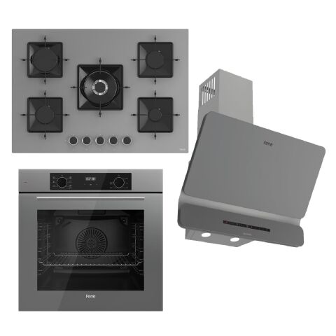 Ferre FLOWART-SILENTART Serisi Gri Set (SS038 + QBL63CPR +D082-SA ) - Döküm Izgara / 75 cm Ocak