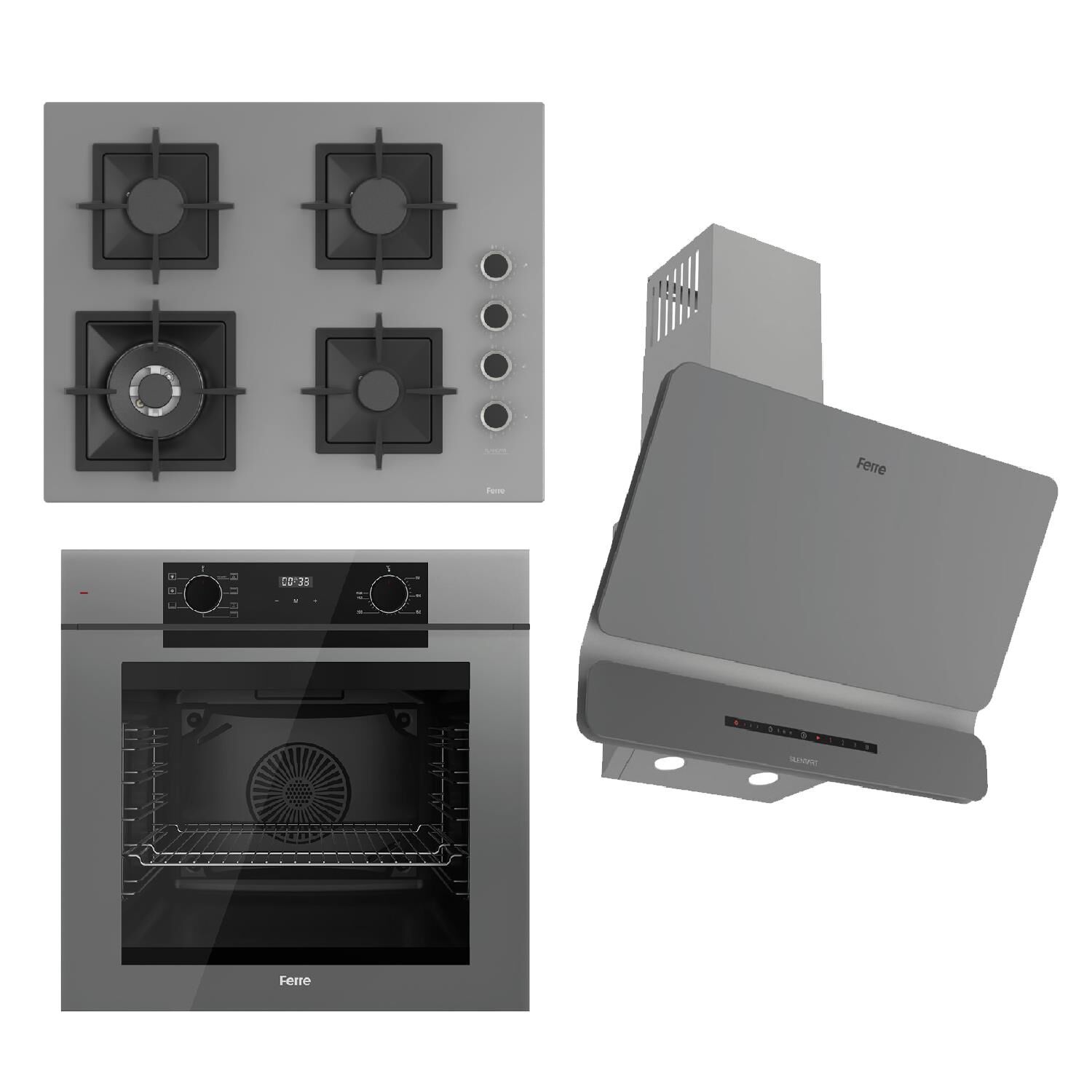 Ferre FRYART-SILENTART Serisi Gri Set (SC408-WFA + QEP63CPR +D082-SA ) - Döküm Izgara / 65 cm Ocak