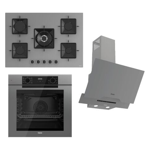 Ferre FRYART-SILENTART Serisi Gri Set (SS038 + QEP63CPR +D065-SA ) - Emaye Izgara / 75 cm Ocak