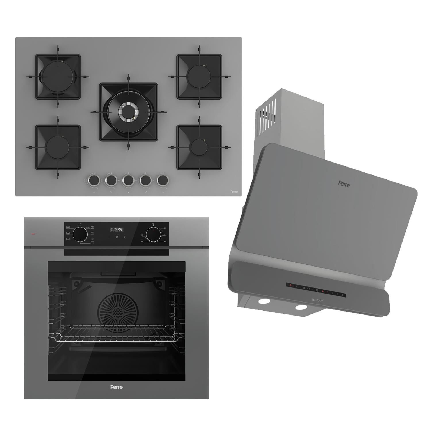 Ferre FRYART-SILENTART Serisi Gri Set (SS038 + QEP63CPR +D082-SA ) - Döküm Izgara / 75 cm Ocak