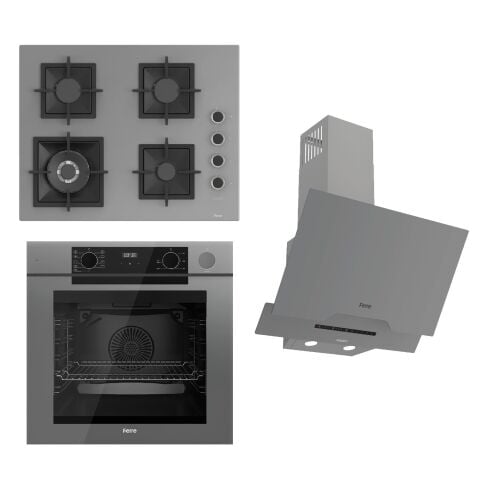 Ferre STEAMART-FRYART-SILENTART Serisi Gri Set (SC408-WFA + QEP64CPR +D065-SA ) - Döküm Izgara / 65 cm Ocak