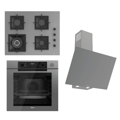 Ferre STEAMART-FRYART-SILENTART Serisi Gri Set (SC408-WFA + QEP64CPR +D079-SA ) - Döküm Izgara / 65 cm Ocak