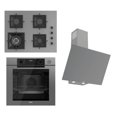 Ferre STEAMART-FRYART-SILENTART Serisi Gri Set (SC408-WFA + QEP64CPR +D079-SA ) - Döküm Izgara / 65 cm Ocak