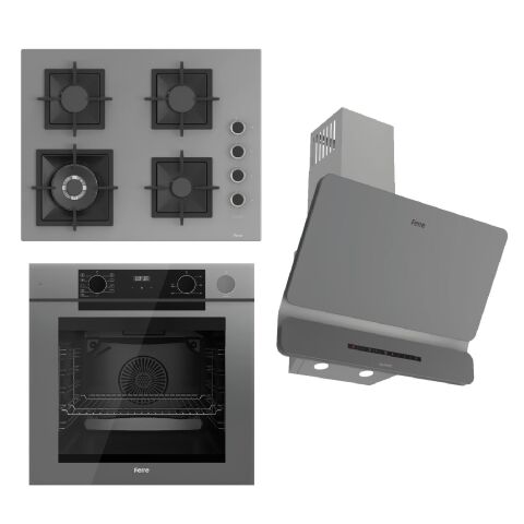 Ferre STEAMART-FRYART-SILENTART Serisi Gri Set (SC408-WFA + QEP64CPR +D082-SA ) - Döküm Izgara / 65 cm Ocak