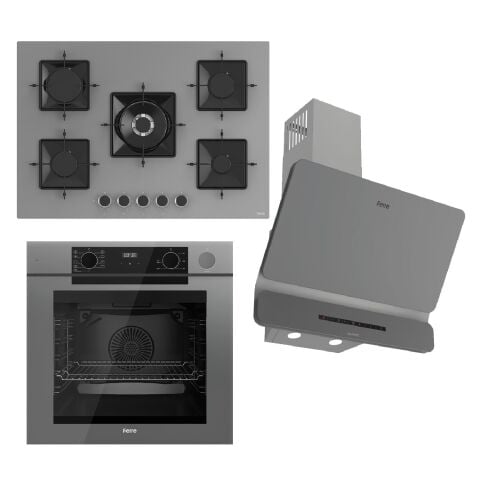 Ferre STEAMART-FRYART-SILENTART Serisi Gri Set (SS038 + QEP64CPR +D082-SA ) - Emaye Izgara / 75 cm Ocak
