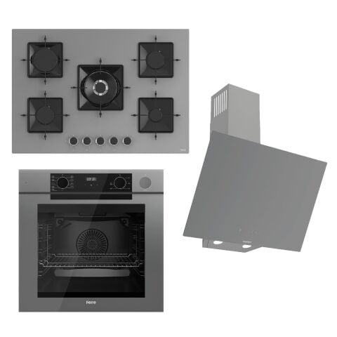 Ferre STEAMART-FRYART-SILENTART Serisi Gri Set (SS038 + QEP64CPR +D079-SA ) - Döküm Izgara / 75 cm Ocak
