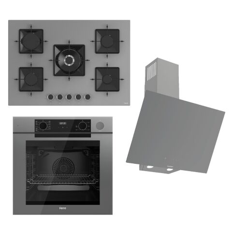 Ferre STEAMART-FRYART-SILENTART Serisi Gri Set (SS038 + QEP64CPR +D079-SA ) - Döküm Izgara / 75 cm Ocak