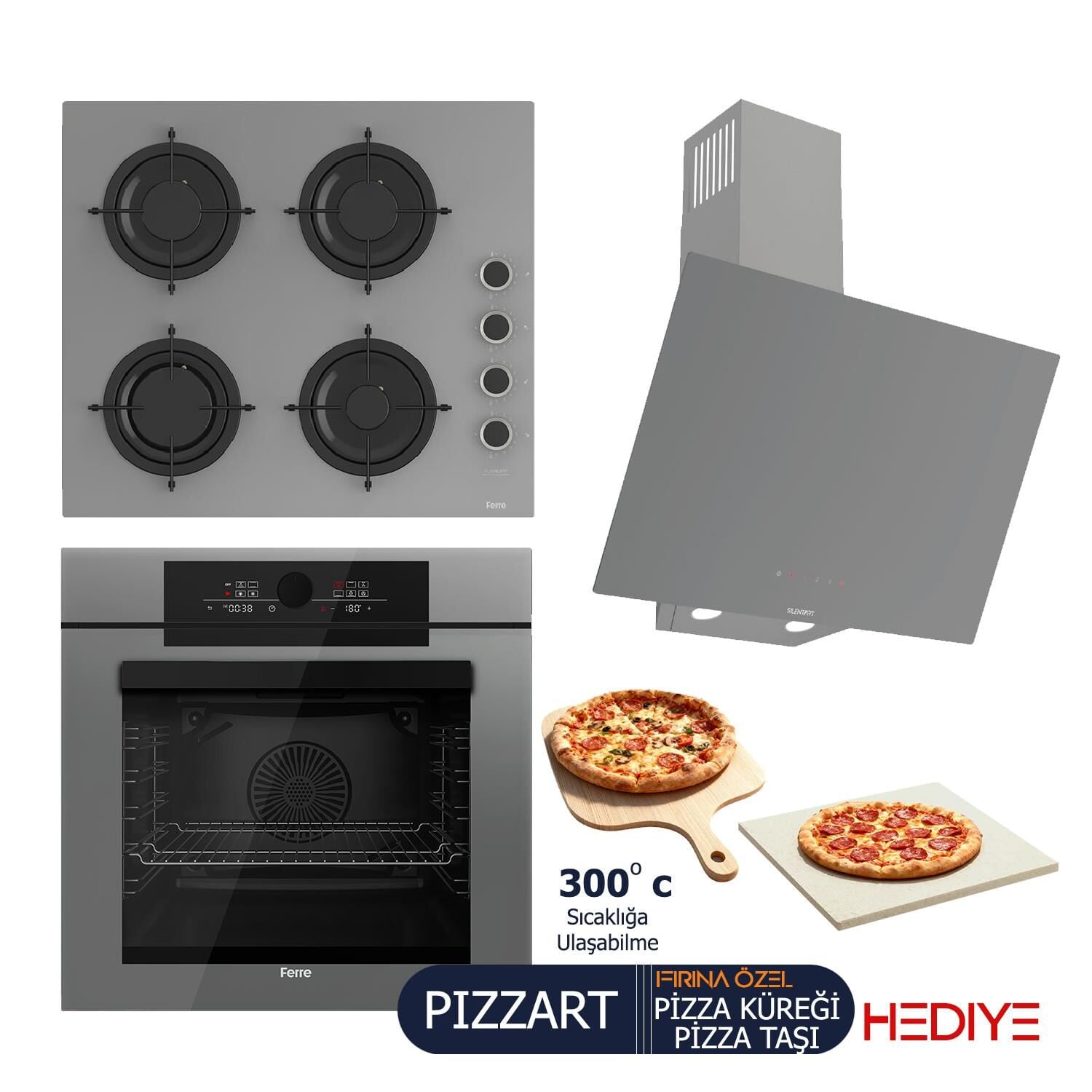 Ferre PIZZART-FRYART-SILENTART Serisi Gri Set (CS208-FA + QEP65CPR +D079-SA ) - Emaye Izgara / Kademeli Musluk