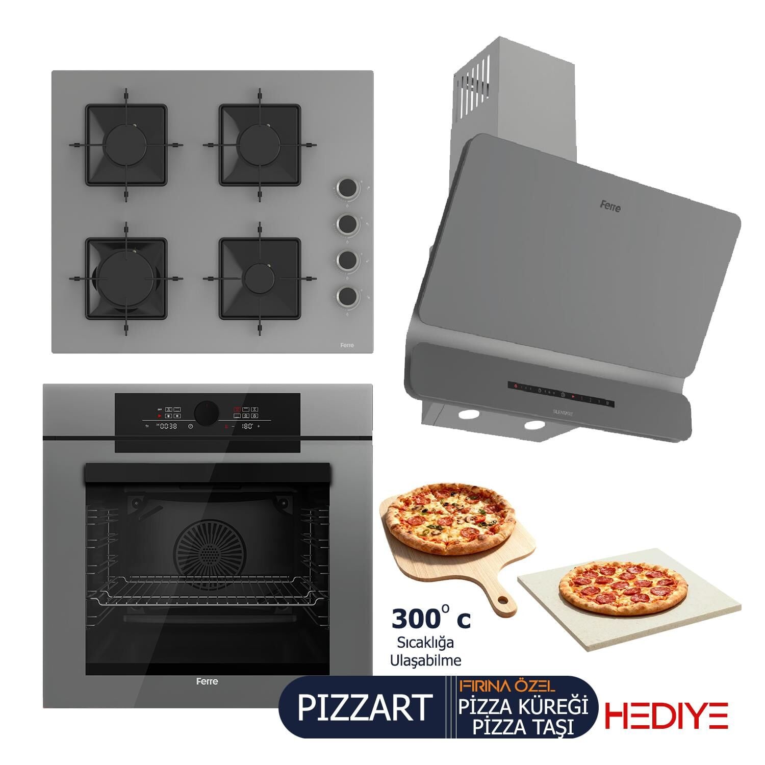 Ferre PIZZART-FRYART-SILENTART Serisi Gri Set (SS208 + QEP65CPR +D082-SA ) - Emaye Izgara / 60 cm