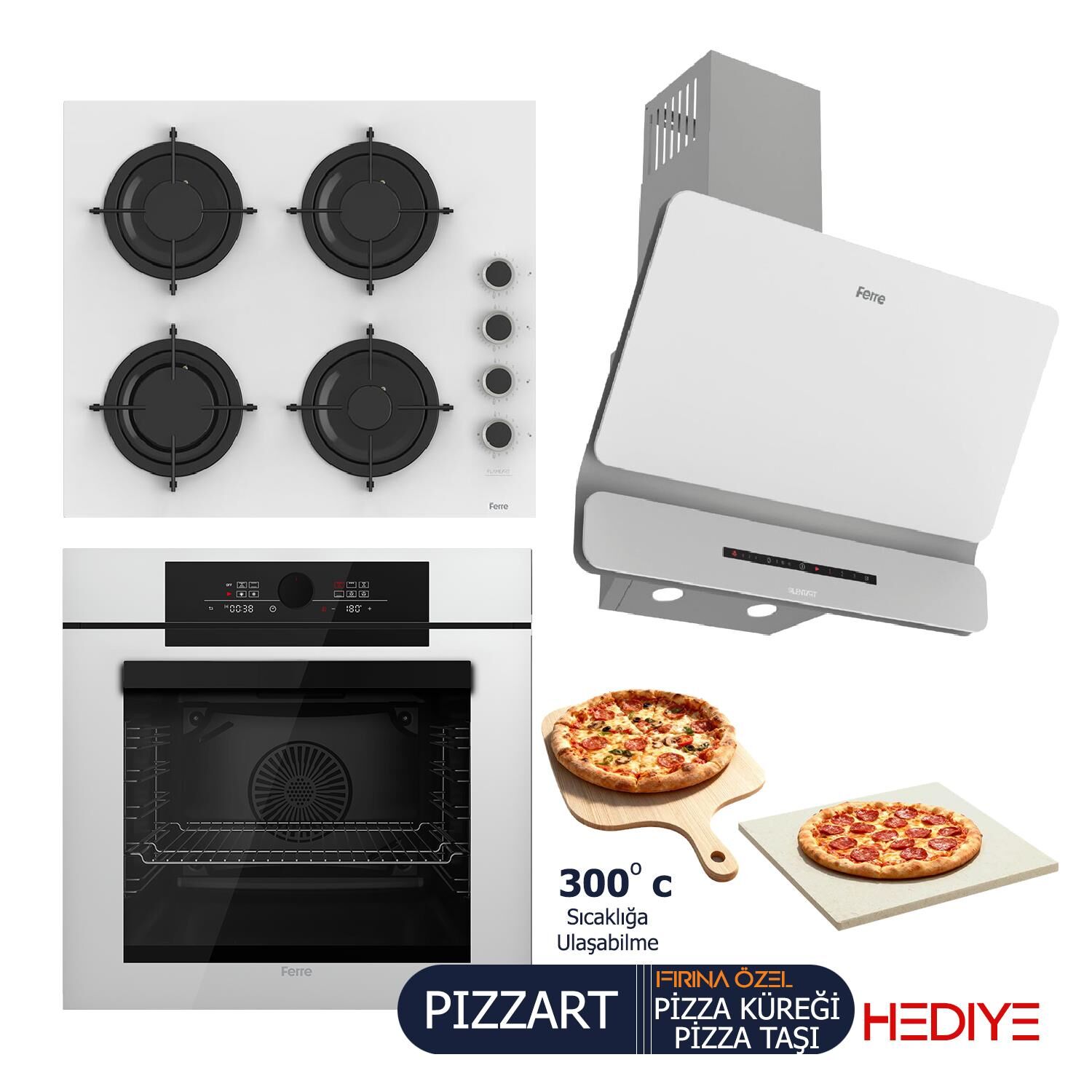Ferre PIZZART-FRYART-SILENTART Serisi Beyaz Set (CS206-FA + QEP65CB +D081-SA ) - Emaye Izgara / Kademeli Musluk