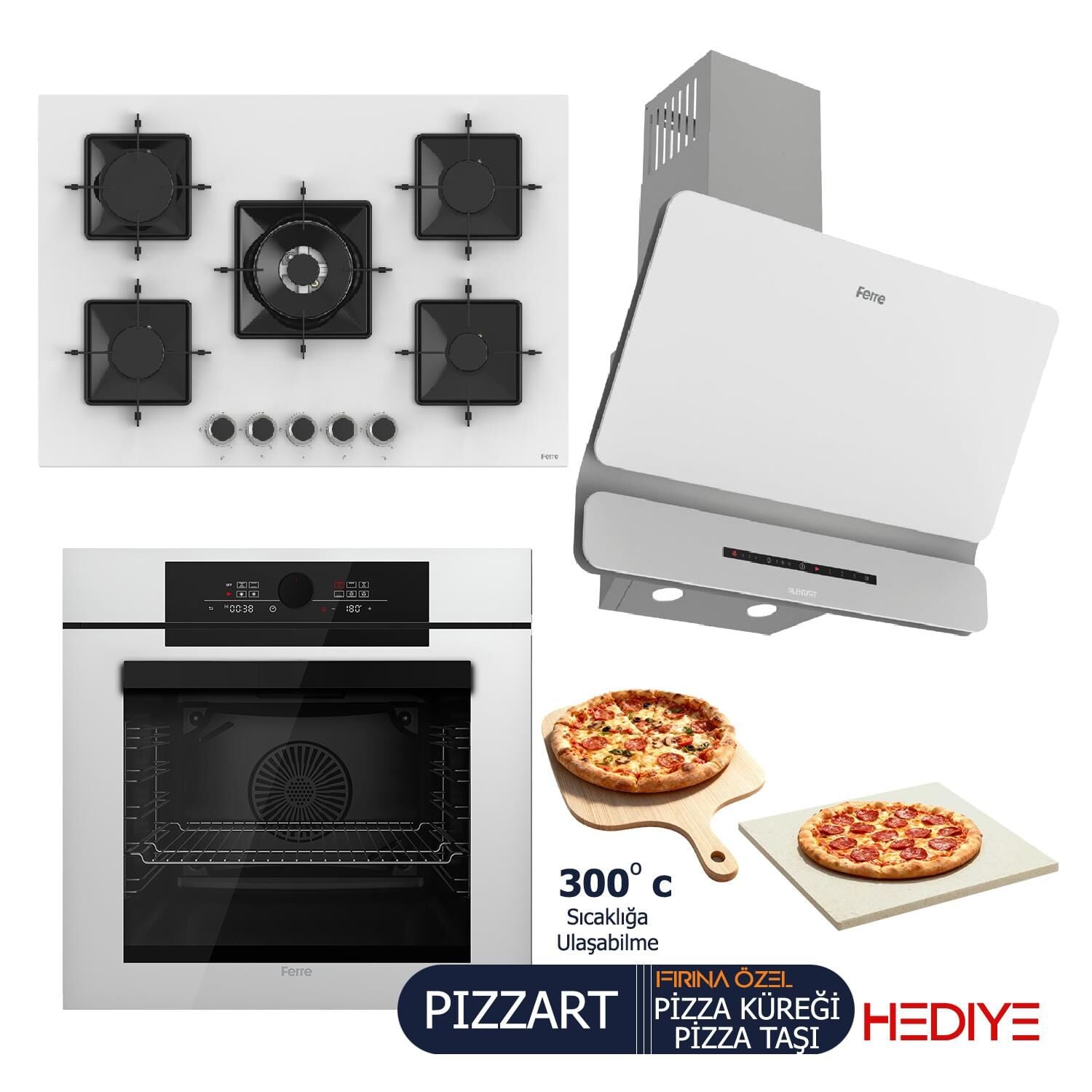 Ferre PIZZART-FRYART-SILENTART Serisi Beyaz Set (SS036 + QEP65CB +D081-SA ) - Emaye Izgara-75 cm