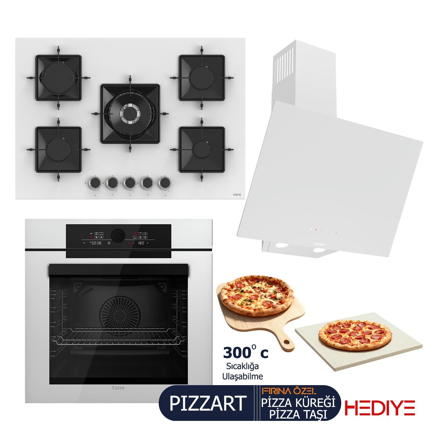 Ferre PIZZART-FRYART-SILENTART Serisi Beyaz Set (SS036 + QEP65CB +D078-SA ) - Emaye Izgara-75 cm