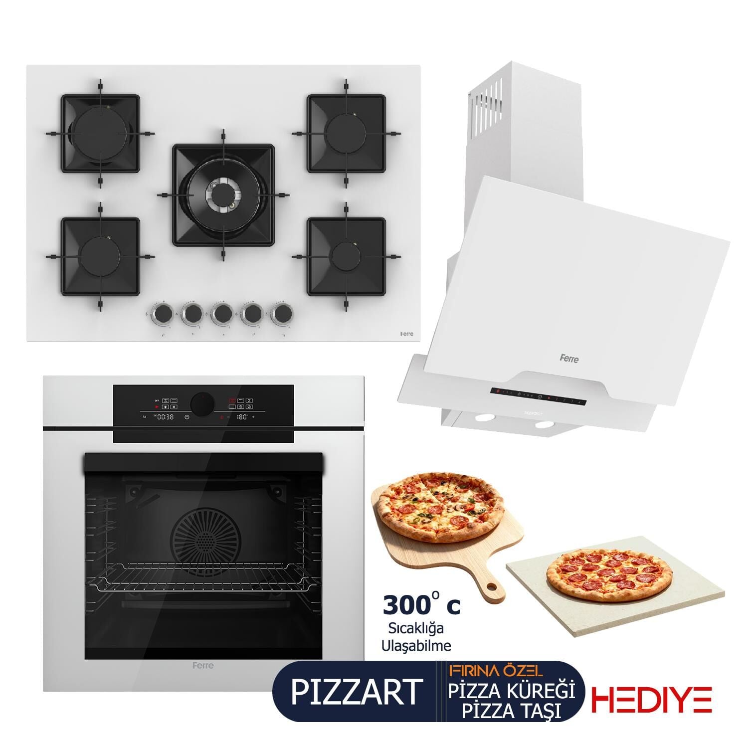 Ferre PIZZART-FRYART-SILENTART Serisi Beyaz Set (SS036 + QEP65CB +D064-SA ) - Emaye Izgara-75 cm